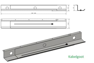 Kabelgoot: technische tekeningen en 3D-weergave van een grijs metalen kabelgeleider, 1650-1660 mm breed, met montage-openinge