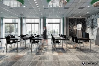 Moderne kantoorruimte met zwarte stapelstoelen aan houten tafels, grote ramen, lichtinval, grijs gevlinderde vloer en decorat