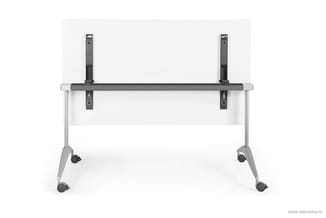 Mobiele vergadertafel met witte blad, grijs frame en zwarte bovenbalk met twee schermhouders. Vier wielvoeten voor flexibele