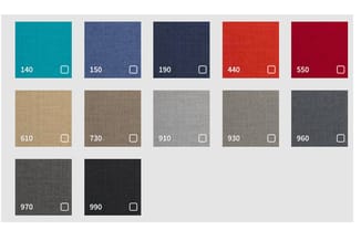 Kleurstalen voor stoffering met nummers 140, 150, 190, 440, 550, 610, 730, 910, 930, 960, 970 en 990 in tinten turquoise, bla