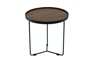 Ronde bijzettafel met donker houten blad en zwart metalen onderstel met X-vorm.