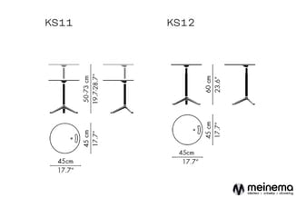 Technische tekeningen KS11 en KS12 staantafels met driepoot onderstel, ronde tafelblad Ø45cm, hoogte 50-60cm, afmetingen in c