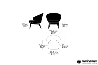 Technische tekening van een zwarte design stoel met afmetingen: hoogte 80 cm, zitbreedte 75,5 cm, zithoogte 42 cm. Voor- en z