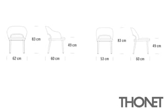Technische tekening van twee stoelmodellen met afmetingen: zitbreedte 62/53 cm, zithoogte 83 cm, diepte 60 cm, totale hoogte