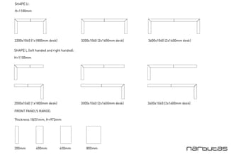 U-vorm en L-vorm bureaus met afmetingen en hoogte 1100mm. Frontpanelen 200-800mm breed, dikte 18/31mm, hoogte 972mm.
