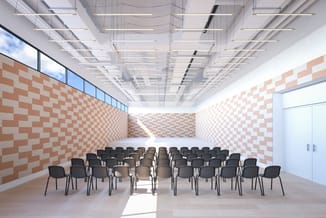 Vergaderzaal met moderne inrichting: zwarte stoelen in rijen opstelling, terracotta-witte tegelwanden, wit plafond met lineai