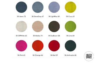 12 kleurstalen in cirkelvorm: Jeans, StoneGrey, LightBlue, Curry, OffWhite, Mokka, EcoBrown, Lime, Pink, Orange, Red en Anthr