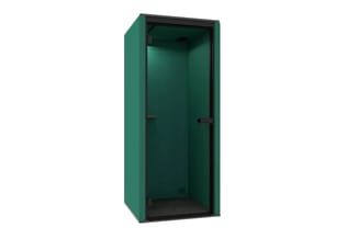 Groene akoestische belcel met zwart frame, rechthoekige vorm, gesloten wanden voor geluidisolatie.