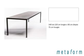 Metaform vergadertafel met zwart stalen frame en grijs blad, 140-220 cm lang, 90 cm diep, 75 cm hoog.