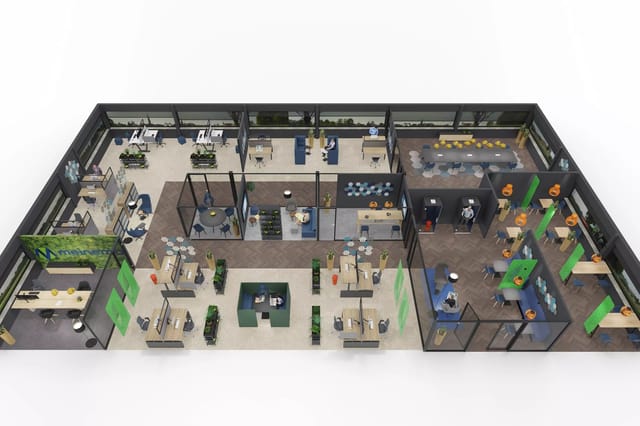 3D-plattegrond kantoorruimte met open werkplek, vergadertafels, lounge-zithoeken met blauwe en groene accenten, belcellen en
