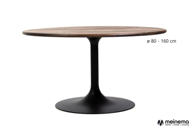 Ronde tafel met houten blad in donkere houtnerf en zwart conisch voetsteun, diameter 80-160 cm.