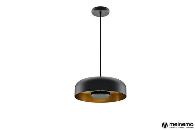 Zwarte hanglampe met goudkleurig binnenoppervlak en centraal gat, aan een zwarte stang aan plafond.