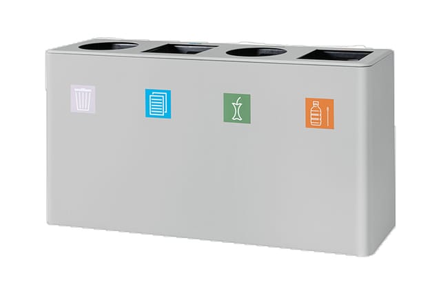 Grijze viercompartimentale inzamelcontainer voor afvalscheiding met vier zwarte openingen en gekleurde iconen voor afval, pap