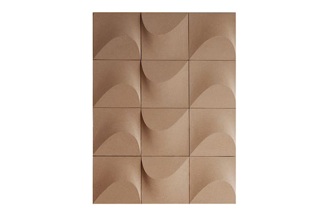 3D wandpanelen in beige met golfpatroon, 3x4 tegels, voor akoestische wandbekleding in kantoor.