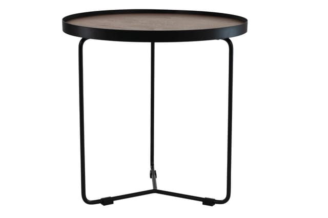 Ronde bijzettafel met zwart metalen frame en grijsbruine houten tafelblad, twee gekromde poten.