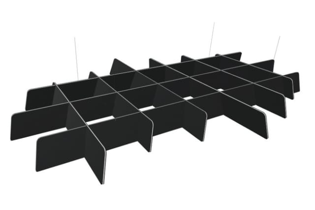 BuzziGrid akoestisch plafondelement van antraciet vilt, architectonisch grid-systeem voor geluidsabsorptie in grote ruimtes